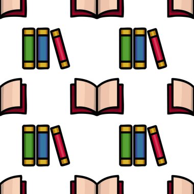 Açık kitapların ve renkli kitapların canlı resimlerini içeren kusursuz vektör deseni, eğitici tasarımlar ve arka planlar için ideal..