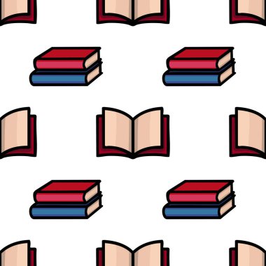 Kalın hatları ve kırmızı, bej ve mavi renk paleti olan minimalist çizgi film tarzında kitap yığınları ve açık kitapları içeren kusursuz vektör deseni.