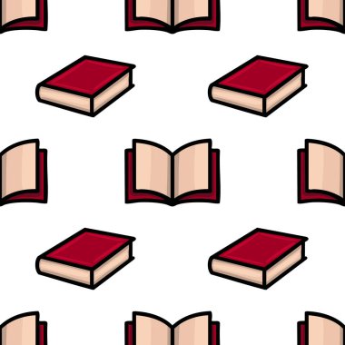 Burgonya ve bej renkli kapalı ve açık kitapların eğlenceli bir düzenini içeren kusursuz vektör deseni, eğitim veya kütüphane temalı tasarımlar için ideal.