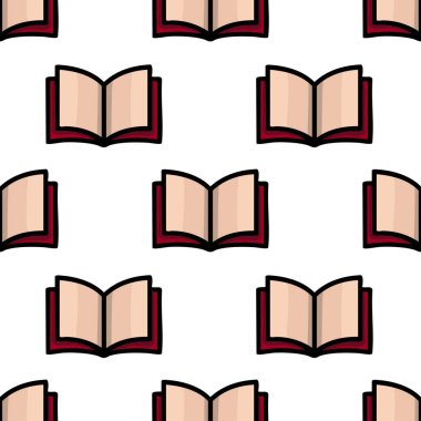 Koyu kahverengi kapaklı ve bej sayfalı açık kitapların kusursuz vektör deseni, eğitim veya edebi projeler için basit ama zarif bir tasarım yaratıyor.