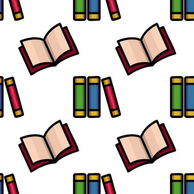 Renkli kitaplar ve açık sayfalar içeren kusursuz vektör deseni, eğitim tasarımları veya kütüphane temalı projeler için ideal.