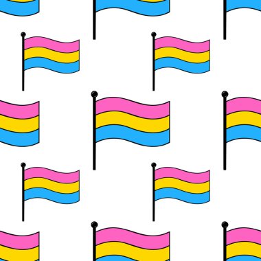 Beyaz zemin üzerinde panseksüel bayraklar sallayan kusursuz vektör deseni, cesur hatlar ve canlı pembe, sarı ve mavi renkler.