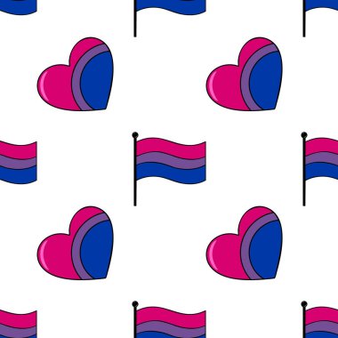 Biseksüel gurur bayrakları ve kalplerle kusursuz vektör deseni, LGBTQ + temalı projeler için canlı bir tasarım.
