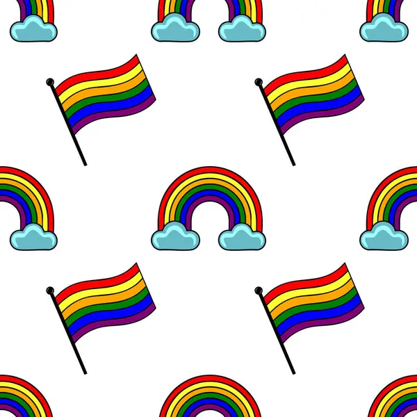 Canlı gökkuşakları ve LGBTQ + gurur bayrakları içeren kusursuz vektör deseni, kutlama geçmişi veya tekstil tasarımları için ideal.