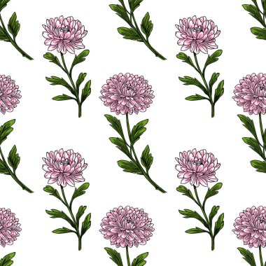 Kusursuz pembe kasımpatı çiçekleri ve detaylı yeşil yapraklar. Tekstil baskıları, duvar kağıtları veya ambalajlar için mükemmel bir çiçek tasarımı yaratıyor..