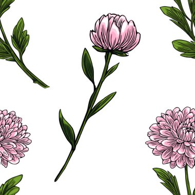 Narin pembe kasımpatı çiçekleri ve yemyeşil yapraklardan oluşan kusursuz vektör deseni, el yapımı, tekstil ve çiçek desenleri için mükemmel..