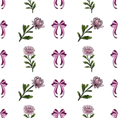 Zarif pembe kasımpatı çiçekleri, zarif mor yaylar ve beyaz arka planda basit yeşil yapraklar içeren kusursuz vektör deseni büyüleyici ve romantik bir tasarım yaratıyor..