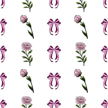 Narin pembe çiçekleri, kasımpatıları ve zarif mor yayları olan kusursuz vektör deseni, çeşitli uygulamalar için mükemmel ve romantik bir tasarım yaratıyor..