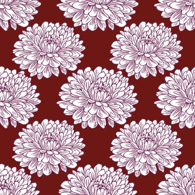 Kestane rengi arka planda mor çizgileri olan el yapımı beyaz kasımpatı çiçeklerinin kusursuz vektör deseni zarif ve karmaşık bir çiçek tasarımı yaratıyor..