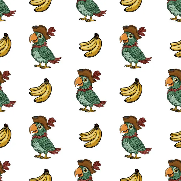 Beyaz arka planda neşeli korsan papağanlar ve olgun muzlar içeren kusursuz vektör deseni neşeli ve canlı bir tropikal tasarım yaratıyor..