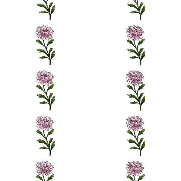 Hassas pembe kasımpatı çiçekleri ve yeşil yaprakları olan, tekstil, duvar kâğıdı ya da ambalaj için mükemmel, dikey olarak dizayn edilmiş zarif vektörsüz desen..