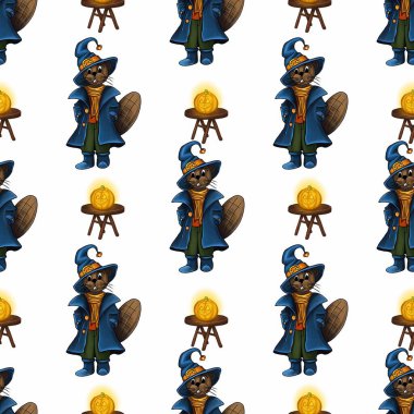 Büyücü gibi giyinmiş büyüleyici kunduzların olduğu kusursuz bir cadılar bayramı deseni. Kırsal ahşap taburelerde parlayan balkabağı fenerleri tutuyorlar. Kaprisli ve neşeli bir sonbahar tasarımı yaratıyorlar..