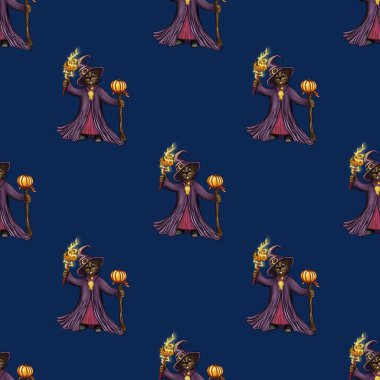 Cadılar Bayramı büyücüleri gibi giyinmiş sevimli kunduzlar, parlayan asalar ve derin mavi bir arka planda dizilmiş balkabağı desenleri..