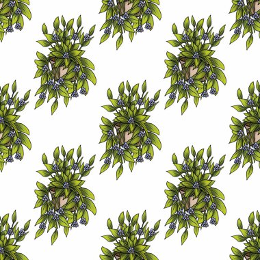 Narin mavi unutma beni çiçekleri ve yemyeşil yaprakları olan kusursuz el çizimi saksı bitkileri büyüleyici ve canlı bir botanik çizimi yaratıyor..