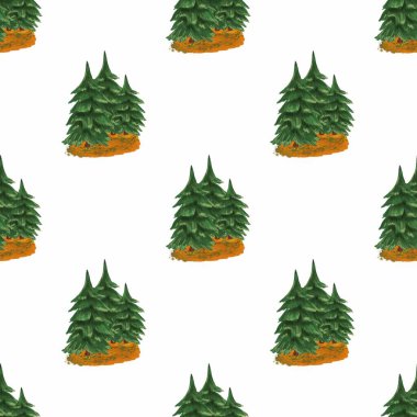Turuncu renkli bir zeminde el yapımı, kusursuz desenli, el yapımı, her zaman yeşil ağaçlar, el değmemiş beyaz bir zemin üzerine kurulmuş, büyüleyici ve kaprisli bir orman illüstrasyonu yaratıyor..