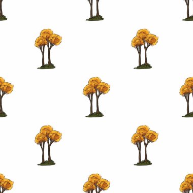 Altın sonbahar yapraklı ikiz ağaçların kusursuz desenleri, temiz beyaz arka plana karşı dizilmiş, çeşitli appli için büyüleyici ve tekrarlayan bir tasarım yaratıyor....