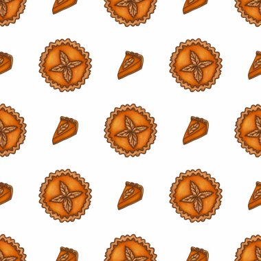 Beyaz arka planda elle çizilmiş sonbahar balkabağı turtaları ve dilimlerinin kusursuz deseni, detaylı kabuk ve yaprak dekorasyonu, Şükran Günü veya sonbahar temalı tasarımlar için ideal.