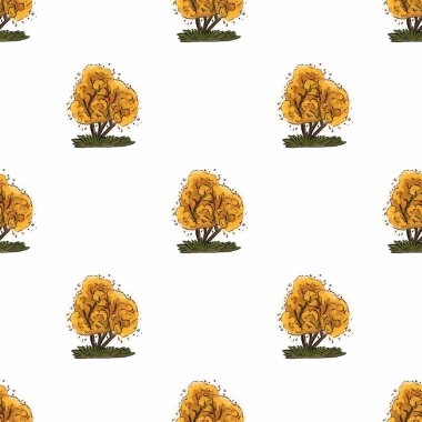 Beyaz arka planda altın yapraklı el yapımı sonbahar ağaçlarının kusursuz deseni, sonbahar temalı projeler için doğadan esinlenilmiş, kaprisli bir tasarım sergiliyor..