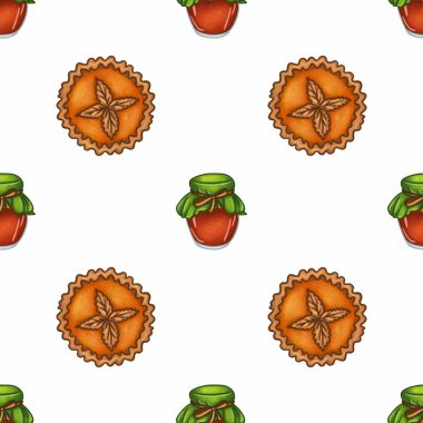 Güz temalı tasarımlar ve Şükran Günü kutlamaları için ideal balkabağı turtaları ve kavanoz reçel çizimleri içeren kusursuz desenler..