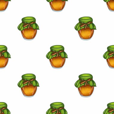 Yeşil kumaş kapaklı ve kahverengi kurdeleli el yapımı bal kavanozlarının pürüzsüz deseni, beyaz arkaplana karşı desenli, altın renkli bal çizimi.