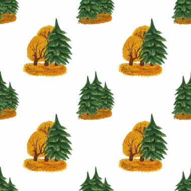 Köknar ağaçları ve altın yapraklı, tekstil tasarımı veya ambalaj kağıdı için ideal elle boyanmış sonbahar ormanı sahnesinin kusursuz deseni..