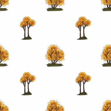 Altın rengi sonbahar ağaçlarının el çizimleri, ağaç şekillerinde ve boyutlarında canlı beyaz arka planda çeşitlilikler gösteren kusursuz desenler..