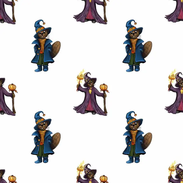 Kusursuz bir cadılar bayramı deseni. Mavi ve mor cüppeli büyüleyici kunduzlar beyaz bir arka plana karşı sihirli değnekler ve balkabakları tutuyorlar..