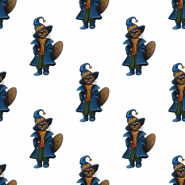 Büyücü gibi giyinmiş, mavi paltolu ve sivri uçlu şapkalı sevimli kunduzlar beyaz bir arka planda..