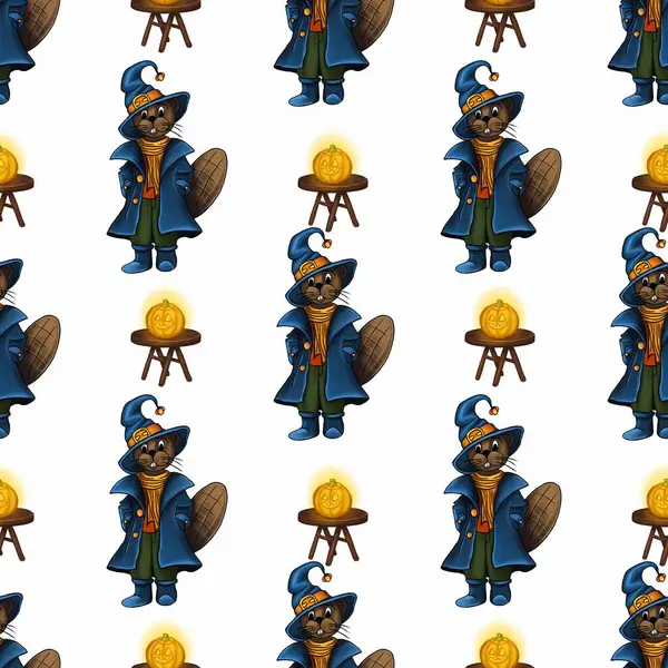 Büyücü gibi giyinmiş büyüleyici kunduzların olduğu kusursuz bir cadılar bayramı deseni. Kırsal ahşap taburelerde parlayan balkabağı fenerleri tutuyorlar. Kaprisli ve neşeli bir sonbahar tasarımı yaratıyorlar..