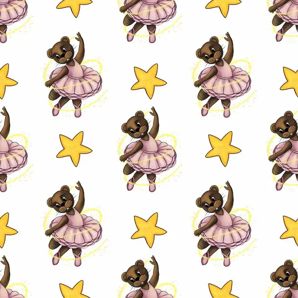 Balerin gibi giyinmiş, altın yıldızların ve parlak patikaların arasında dönüp duran, tuhaf ve büyülü bir tasarım yaratan sevimli çizgi film kunduzlarının kusursuz deseni..