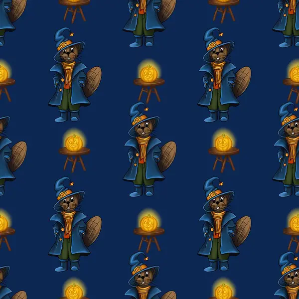 Büyücü gibi giyinmiş sevimli kunduzların olduğu kusursuz bir Cadılar Bayramı deseni. Kaba ahşap taburelerin üzerinde parlak balkabakları olan koyu mavi bir arka plan..