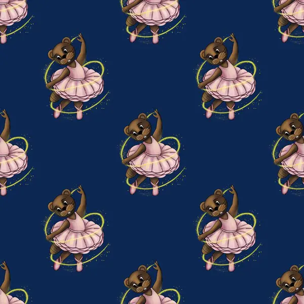 Balerin gibi giyinmiş sevimli kunduzlar, parıldayan altın patikalar arasında zarif bir şekilde dans ediyorlar ve derin bir deniz mavisi arka planda parıldayan yıldız tozu..