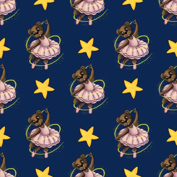 Balerin gibi giyinmiş sevimli karikatür kunduzları derin bir donanma arka planında parlayan yıldızların arasında kıvrılarak büyülü ve tuhaf bir tasarım yaratıyorlar..