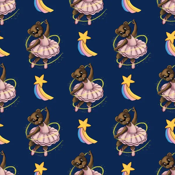 Balerin gibi giyinmiş sevimli kunduzlar, altın parıltılar ve koyu lacivert arka planda kayan gökkuşağı yıldızları arasında dönen kusursuz desenler..