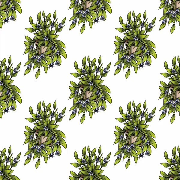 Narin mavi unutma beni çiçekleri ve yemyeşil yaprakları olan kusursuz el çizimi saksı bitkileri büyüleyici ve canlı bir botanik çizimi yaratıyor..