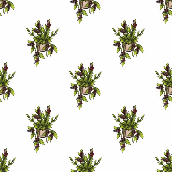 Canlı yeşil yaprakları ve narin mercan renkli çiçekleri olan el çizimi çizimleriyle kusursuz desenler büyüleyici ve tekrarlayan bir tasarım yaratıyor..