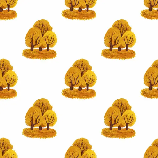 Altın yapraklı biçimlendirilmiş sonbahar ağaçlarının kusursuz deseni, sonbahar temalı tasarımlar için ideal, beyaz arka planda resmedilmiş..