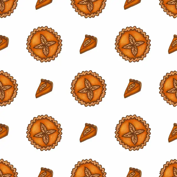 Beyaz arka planda elle çizilmiş sonbahar balkabağı turtaları ve dilimlerinin kusursuz deseni, detaylı kabuk ve yaprak dekorasyonu, Şükran Günü veya sonbahar temalı tasarımlar için ideal.