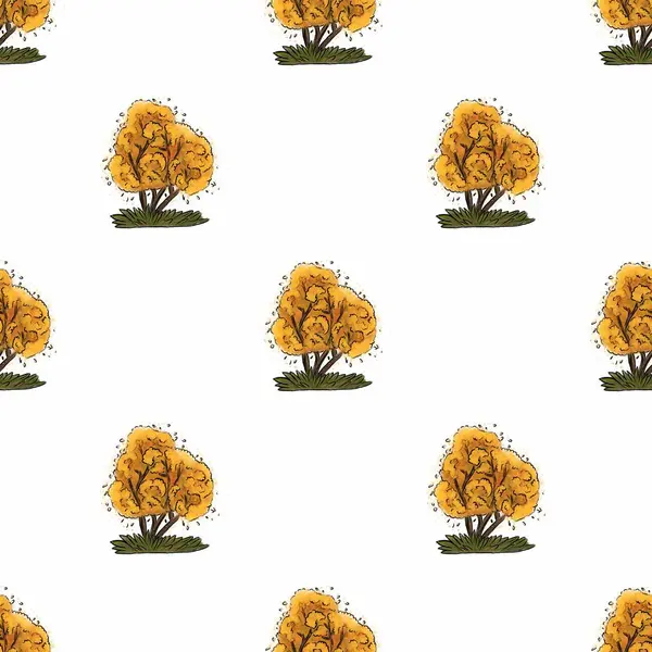 Beyaz arka planda altın yapraklı el yapımı sonbahar ağaçlarının kusursuz deseni, sonbahar temalı projeler için doğadan esinlenilmiş, kaprisli bir tasarım sergiliyor..