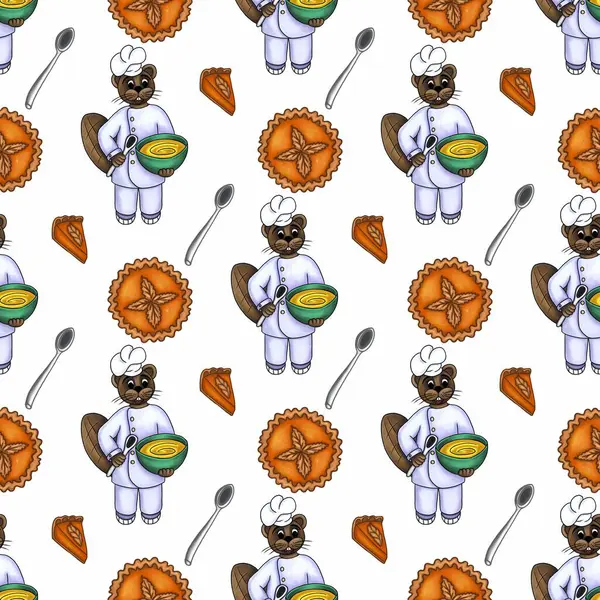 Şefler gibi giyinmiş sevimli karikatür kunduzları, ellerinde balkabağı turtası dolu kaseler, balkabağı turtaları ve kaşıklarla çevrili, büyüleyici bir sonbahar pişirme teması yaratıyorlar..