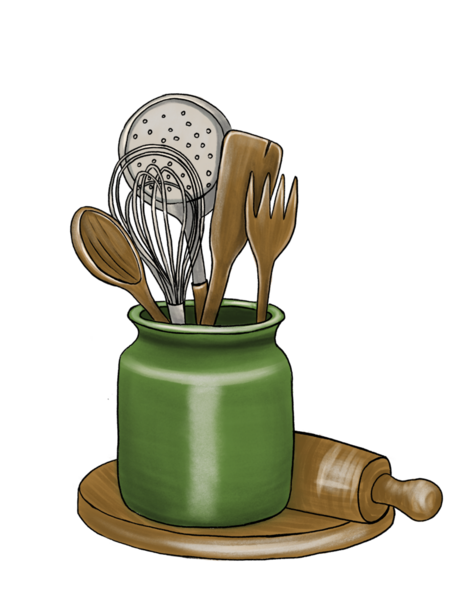 Mutfak aletleri çırpma, delik kaşık, ahşap spatula, çatal ve ahşap kaşıkla yeşil bir seramik kavanozda düzenlenmiş merdane, ahşap bir c üzerinde dinlenen bir iğne eşliğinde büyüleyici bir çizim.