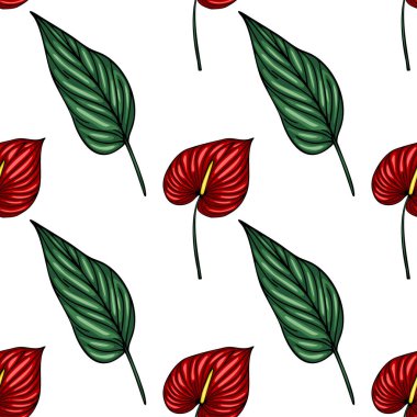 Canlı kırmızı Anthurium çiçeklerinden ve yemyeşil yapraklardan oluşan kusursuz vektör deseni, tekstil baskıları, duvar kağıtları ve yüzey dekorasyonları için ideal bir tropikal tasarım yaratıyor..