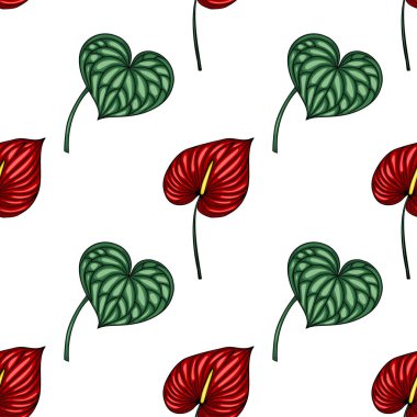 Canlı kırmızı Anthurium çiçekleri ve kalp şeklindeki yeşil yaprakları içeren kusursuz vektör deseni, tekstil baskıları, duvar kağıtları ve ambalaj için ideal cesur ve tropikal bir tasarım yaratıyor..