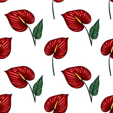 Canlı kırmızı Anthurium çiçekleri ve yeşil yapraklardan oluşan kusursuz vektör deseni, tekstil baskıları, duvar kağıtları ve ambalaj için ideal bir tropikal tasarım..