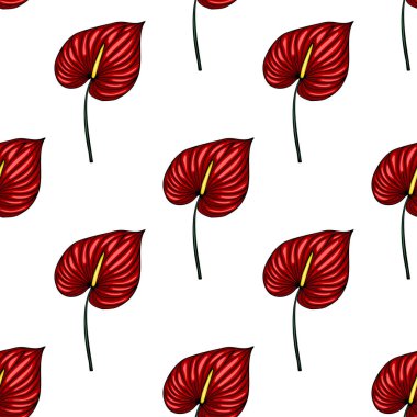 Detaylı deseni ve sarı spadiksi olan canlı kırmızı Anthurium çiçeklerinin kusursuz vektör deseni, tropikal temalı tasarımlar ve tekstil baskıları için idealdir..