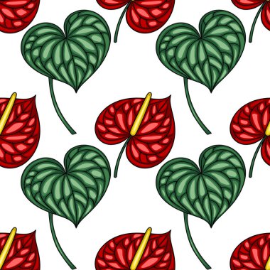 Şekillendirilmiş Anthurium çiçeklerinin kusursuz vektör deseni ve canlı kırmızı ve yeşil kalp şeklinde yapraklar, tekstil baskıları, duvar kağıtları ve dekoratif tasarımlar için mükemmel..