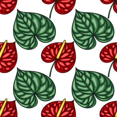 Şekillendirilmiş Anthurium çiçeklerinin kusursuz vektör deseni ve kırmızı ve yeşil yapraklar, tekstil baskıları, duvar kağıtları veya ambalajlama için mükemmel canlı bir tropikal tasarım oluşturur..