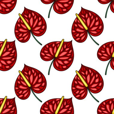Biçimlendirilmiş kırmızı Anthurium çiçekleriyle kusursuz vektör deseni, detaylı taç yaprağı dokusu ve beyaz arka plan karşısında canlı renk kontrastı, tekstil baskıları ve dijital tasarımlar için ideal.