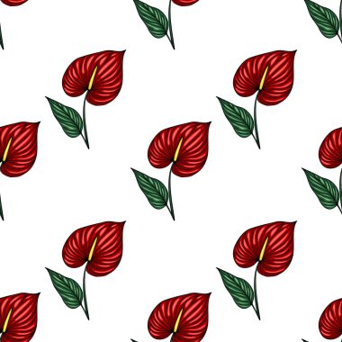 Detaylı yeşil yapraklı canlı kırmızı Anthurium çiçeklerinin kusursuz vektör deseni, tekstil baskıları, duvar kağıtları veya ambalajlama için mükemmel çarpıcı bir tropikal tasarım yaratıyor..
