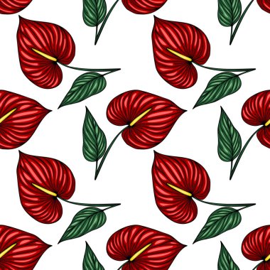 Canlı kırmızı Anthurium çiçekleri ve yeşil yaprakların kusursuz vektör deseni, tekstil tasarımı veya yaz temalı projeler için mükemmel bir tropikal botanik illüstrasyon.